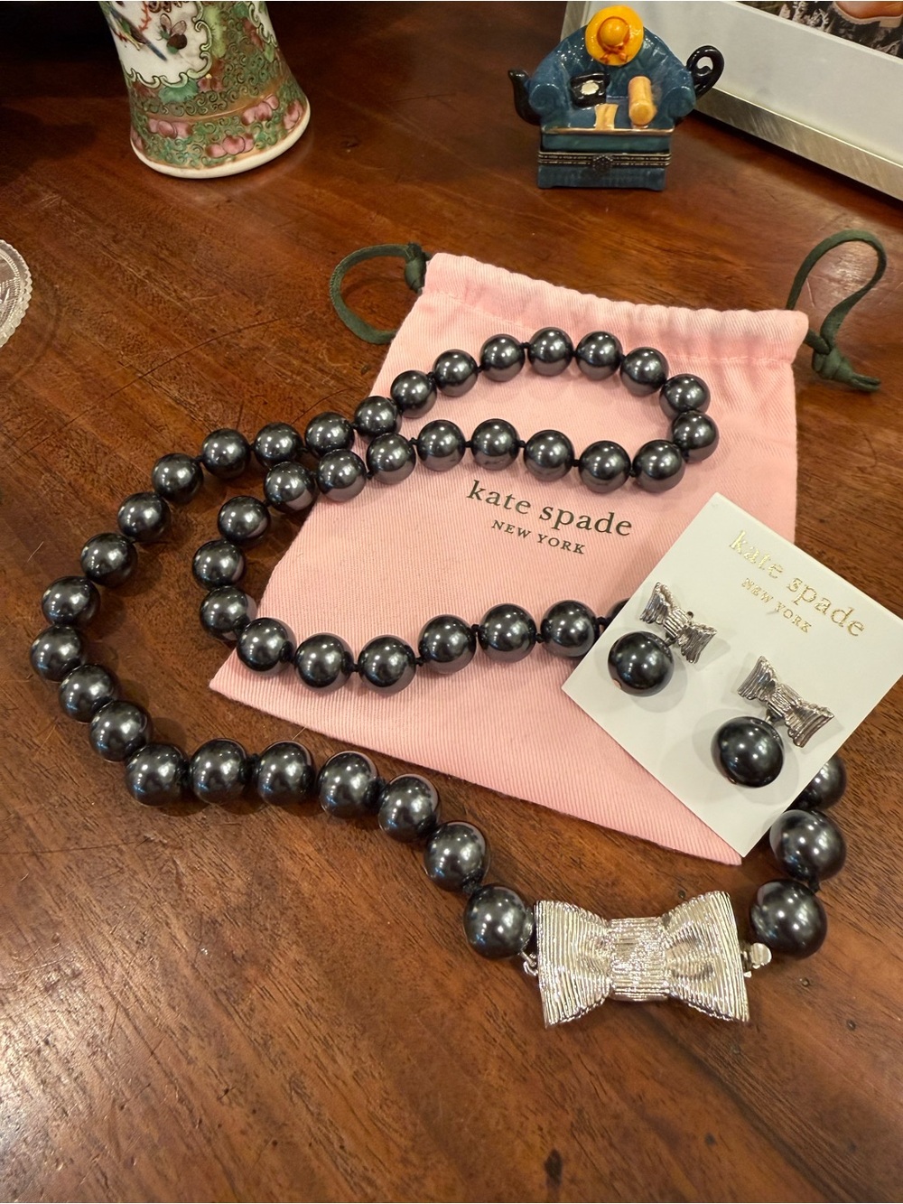 kate spade RARE All Wrapped Up Black 30” Necklace w/ Silver Bow & Earring Set